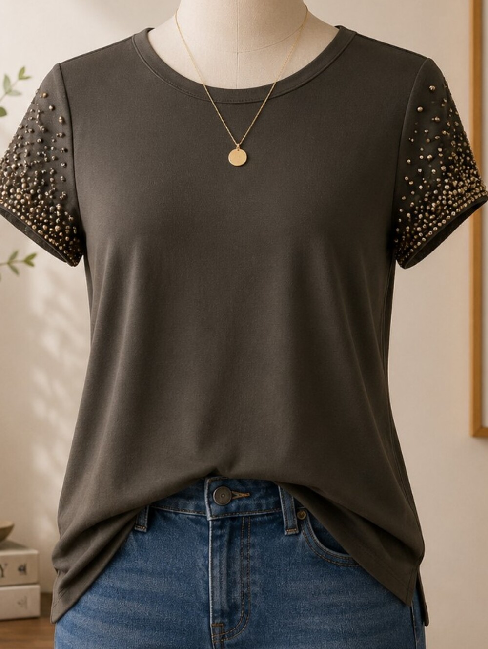 NWT Annalee + Hope Beaded Sleeve Olive Green Top